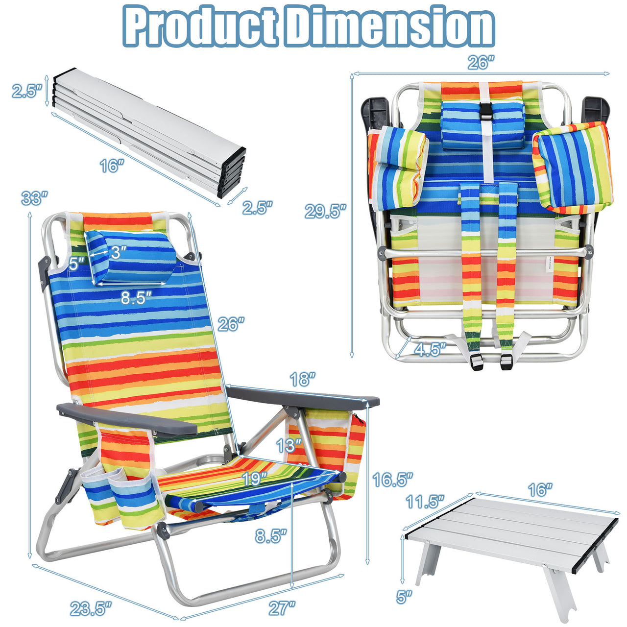 2 Packs 5-Position Outdoor Folding Backpack Beach Table Chair Reclining Chair Set - Gallery View 5 of 13