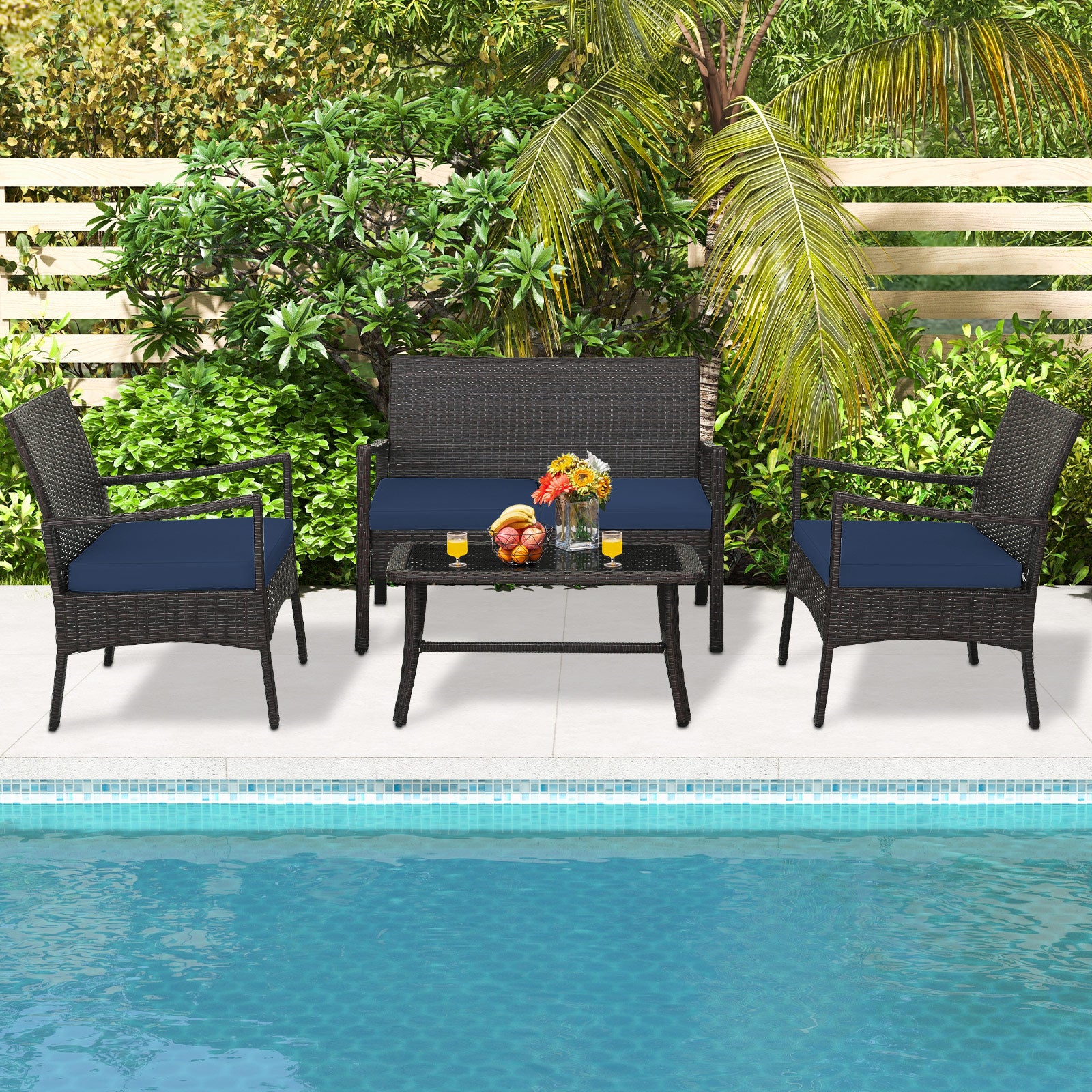 4 Pieces Outdoor Rattan Conversation Set with Tempered Glass Coffee Table, Navy Patio Conversation Sets at Gallery Canada