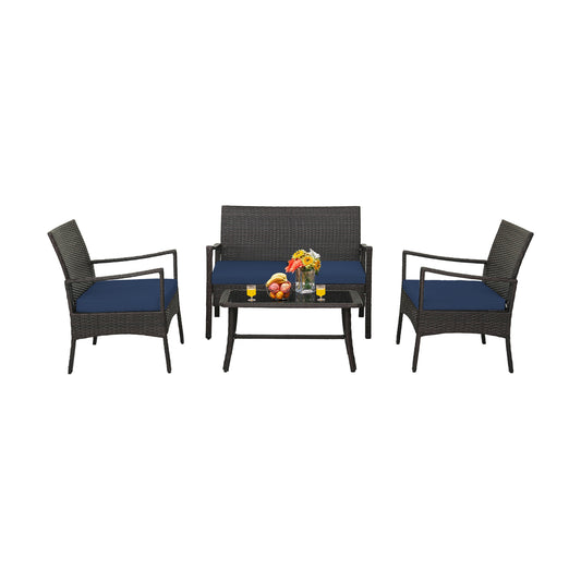 4-Piece Outdoor Rattan Conversation Set With Tempered Glass Coffee Table, Navy Patio Conversation Sets Navy at Gallery Canada