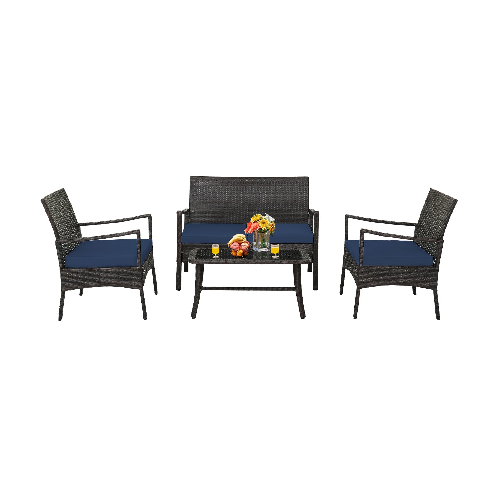 4 Pieces Outdoor Rattan Conversation Set with Tempered Glass Coffee Table, Navy Patio Conversation Sets Navy at Gallery Canada