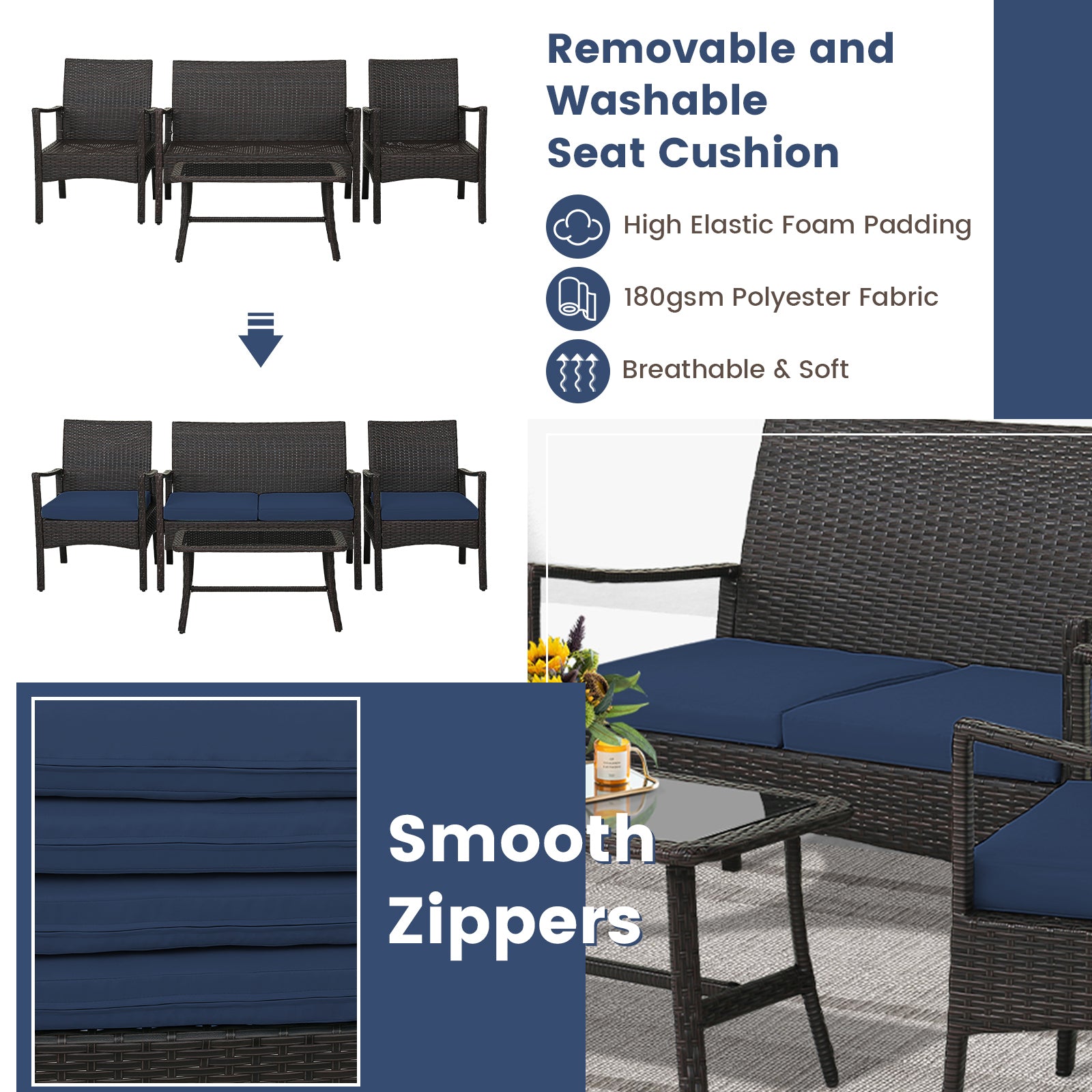 4 Pieces Outdoor Rattan Conversation Set with Tempered Glass Coffee Table, Navy Patio Conversation Sets at Gallery Canada