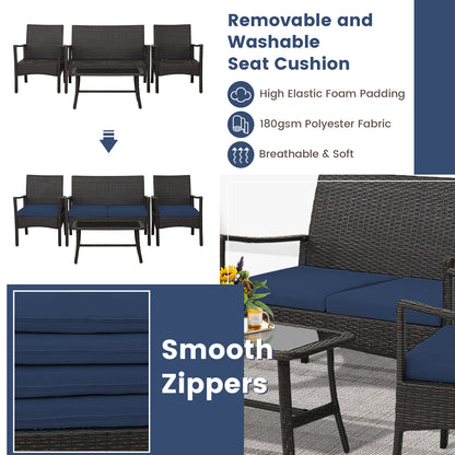 4 Pieces Outdoor Rattan Conversation Set with Tempered Glass Coffee Table, Navy Patio Conversation Sets at Gallery Canada