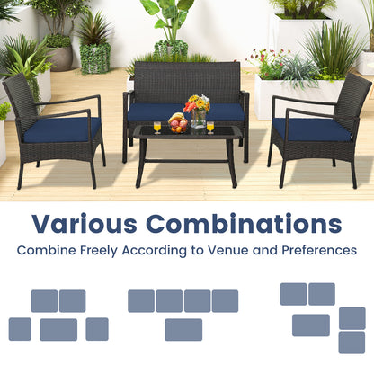4 Pieces Outdoor Rattan Conversation Set with Tempered Glass Coffee Table, Navy Patio Conversation Sets at Gallery Canada