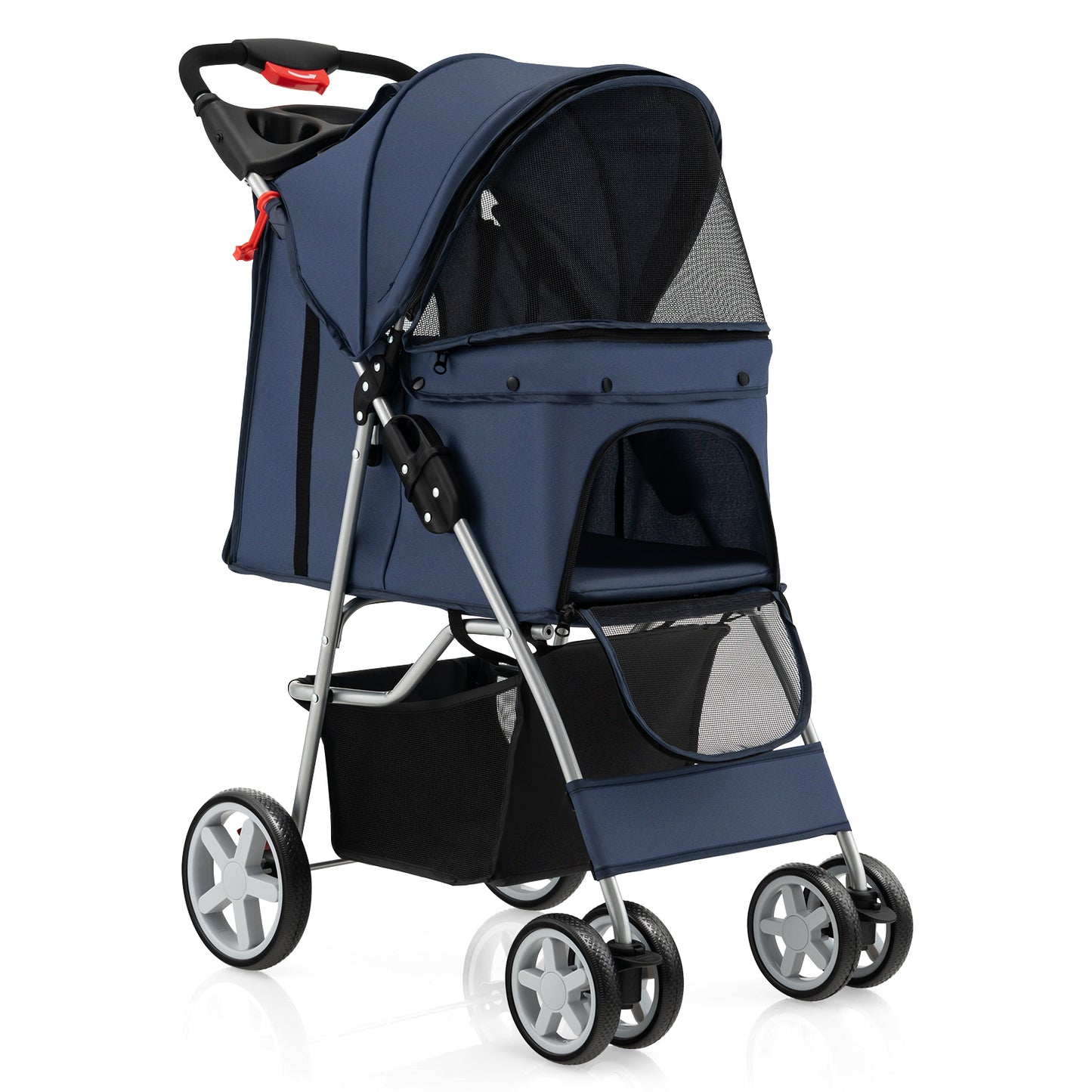 Foldable Pet Stroller, 4-Wheel, Storage Basket, Navy Dog Supplies Navy at Gallery Canada