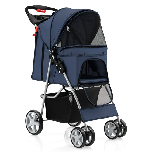 Foldable Pet Stroller, 4-Wheel, Storage Basket, Navy