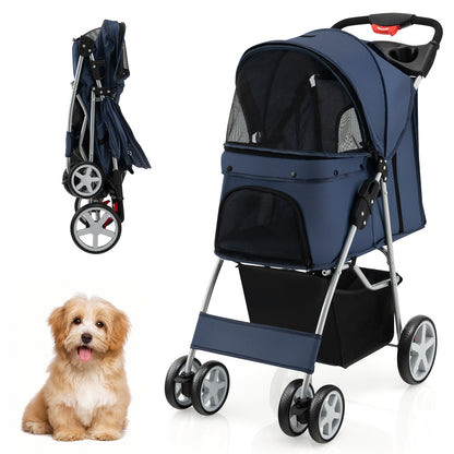 Foldable Pet Stroller, 4-Wheel, Storage Basket, Navy Dog Supplies at Gallery Canada