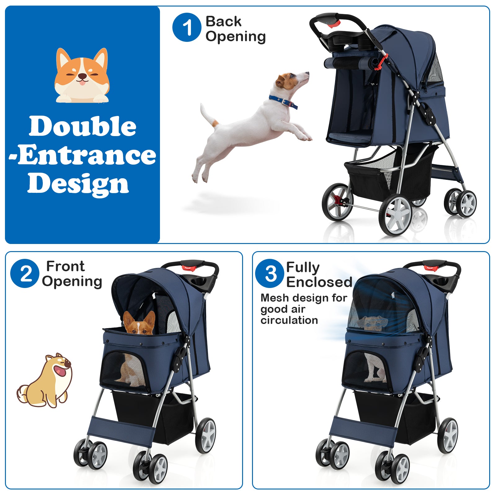 Foldable Pet Stroller, 4-Wheel, Storage Basket, Navy Dog Supplies at Gallery Canada