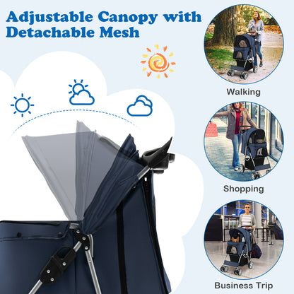 Foldable Pet Stroller, 4-Wheel, Storage Basket, Navy Dog Supplies at Gallery Canada