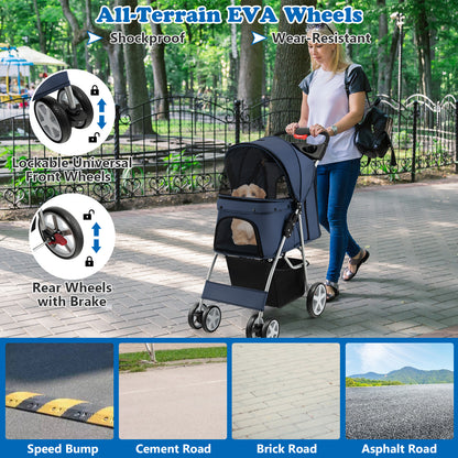 Foldable Pet Stroller, 4-Wheel, Storage Basket, Navy Dog Supplies at Gallery Canada
