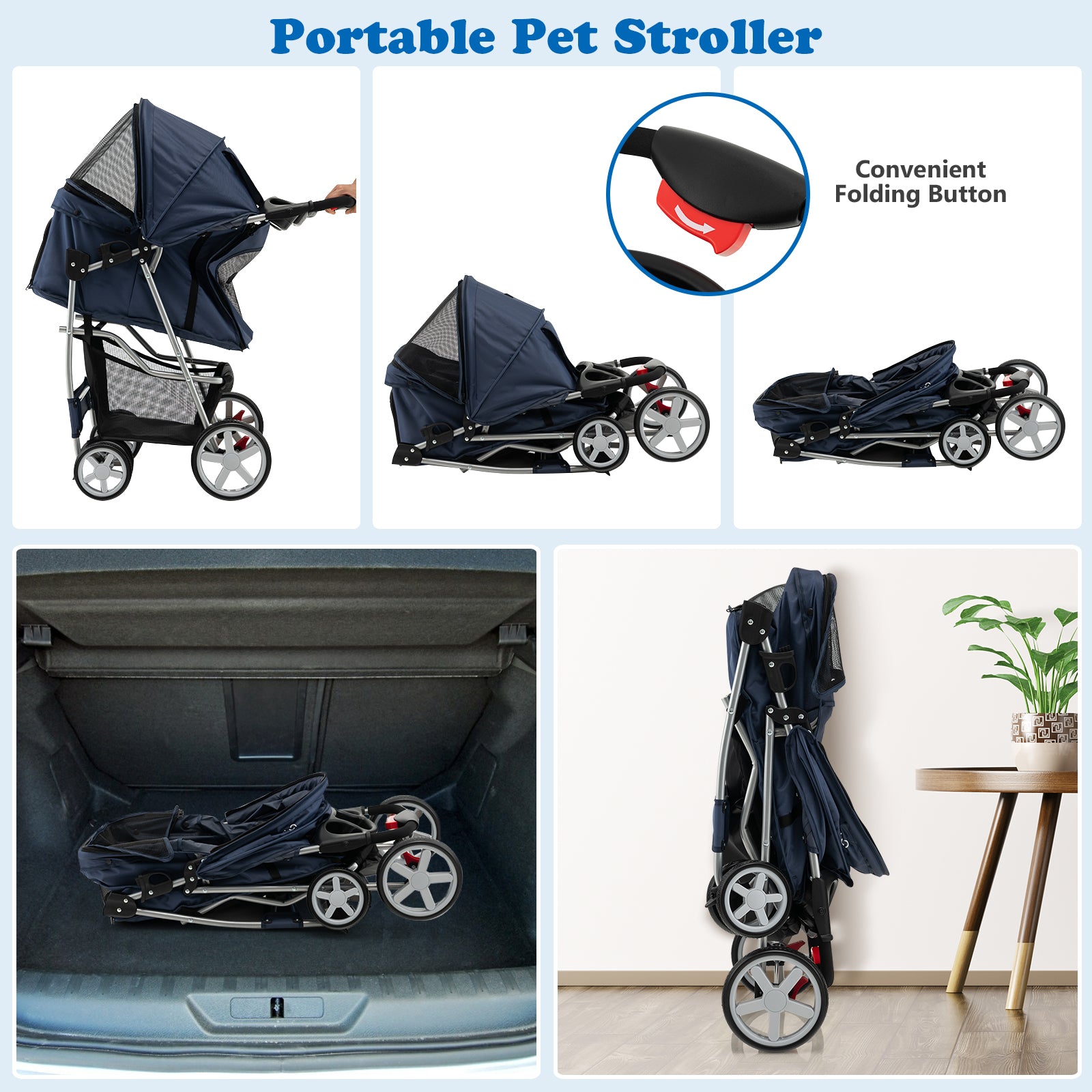 Foldable Pet Stroller, 4-Wheel, Storage Basket, Navy Dog Supplies at Gallery Canada