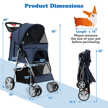 Foldable Pet Stroller, 4-Wheel, Storage Basket, Navy Dog Supplies at Gallery Canada