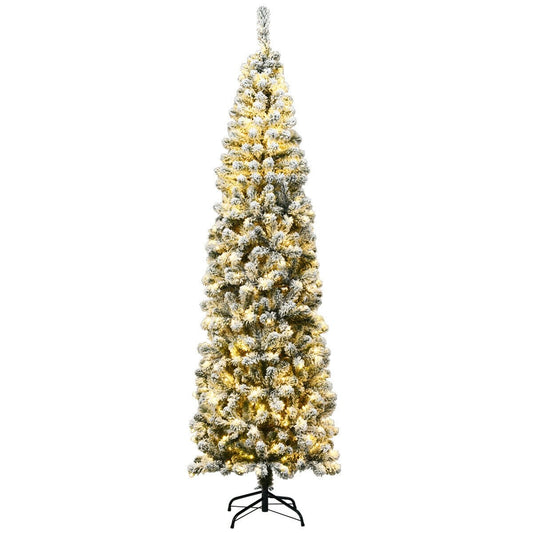 7.5 Feet Pre-lit Snow Flocked Artificial Pencil Christmas Tree with LED Lights, Green - Gallery Canada