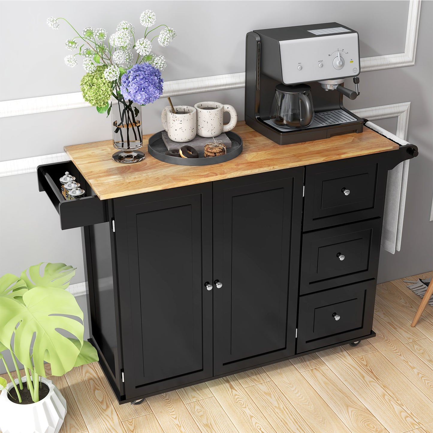 Falling Leaf Kitchen Island Trolley Cart Wood Storage Cabinet, Black Kitchen Islands & Carts at Gallery Canada