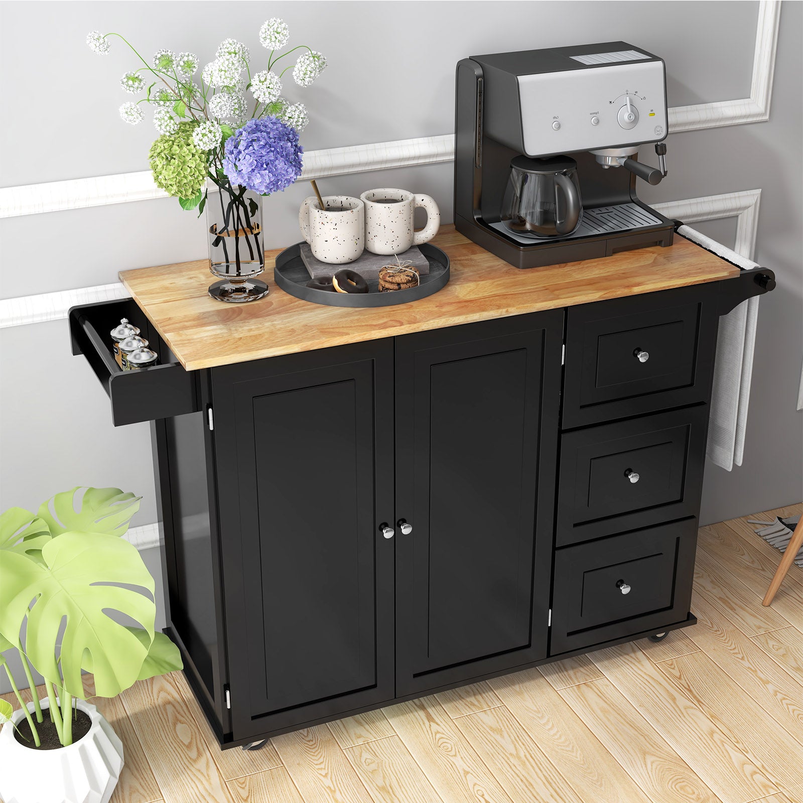 Falling Leaf Kitchen Island Trolley Cart Wood Storage Cabinet, Black Kitchen Islands & Carts at Gallery Canada