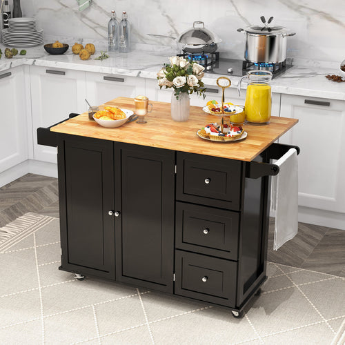 Falling Leaf Kitchen Island Trolley Cart Wood Storage Cabinet, Black