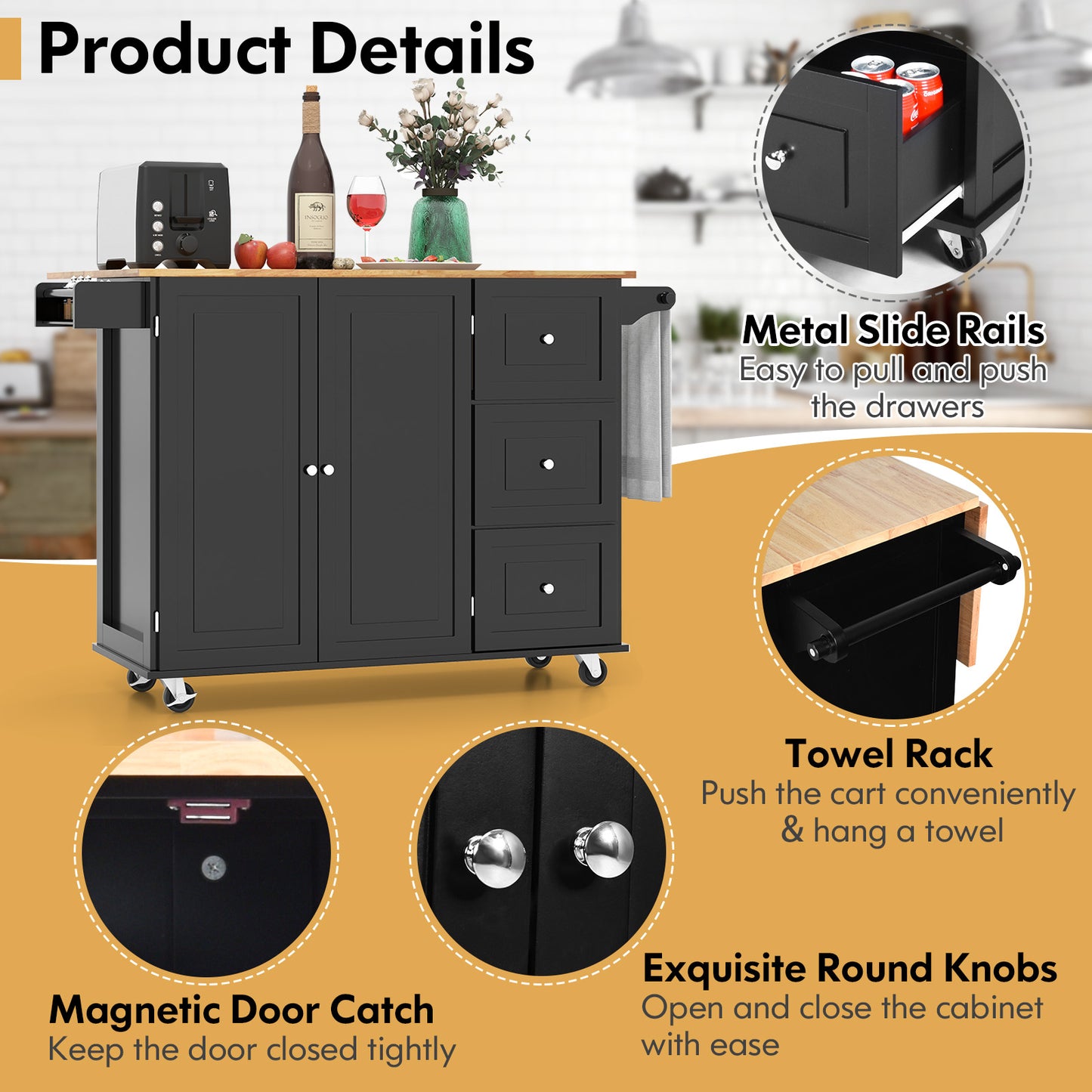 Falling Leaf Kitchen Island Trolley Cart Wood Storage Cabinet, Black Kitchen Islands & Carts at Gallery Canada