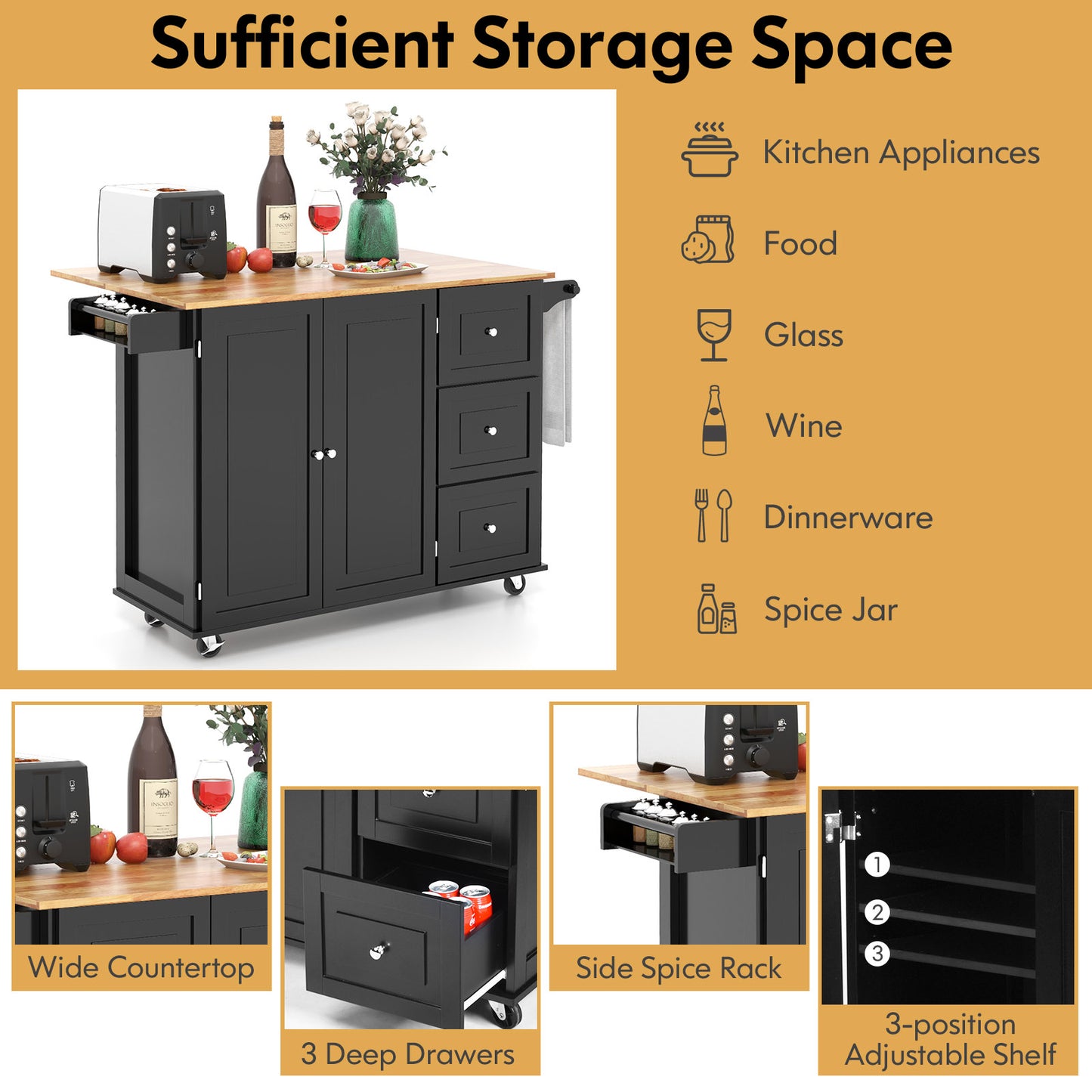 Falling Leaf Kitchen Island Trolley Cart Wood Storage Cabinet, Black Kitchen Islands & Carts at Gallery Canada