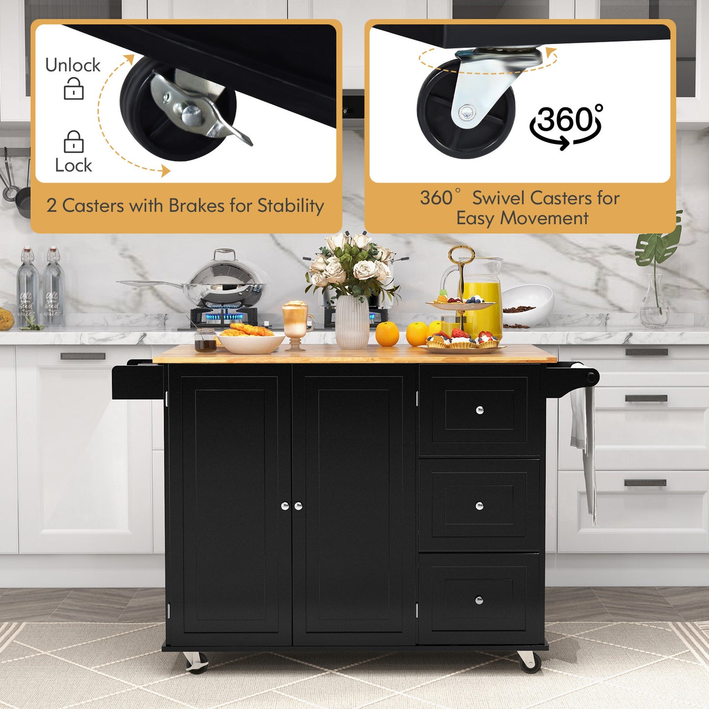 Falling Leaf Kitchen Island Trolley Cart Wood Storage Cabinet, Black Kitchen Islands & Carts at Gallery Canada