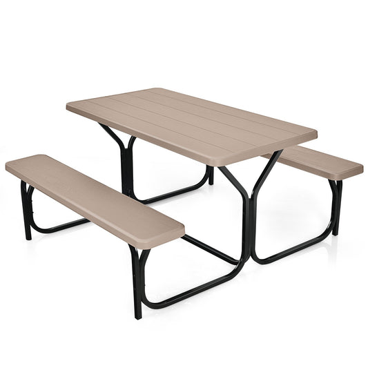 HDPE Outdoor Picnic Table Bench Set with Metal Base, Coffee - Gallery Canada
