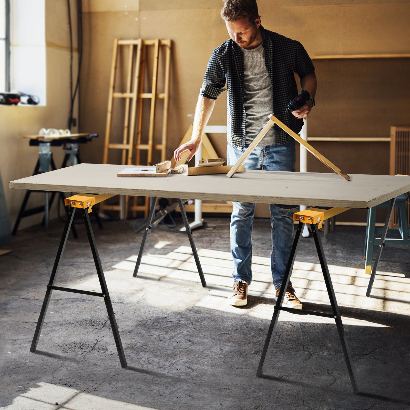 2 Pack Heavy Duty Sawhorse with Steel Folding Legs, Yellow Garages at Gallery Canada