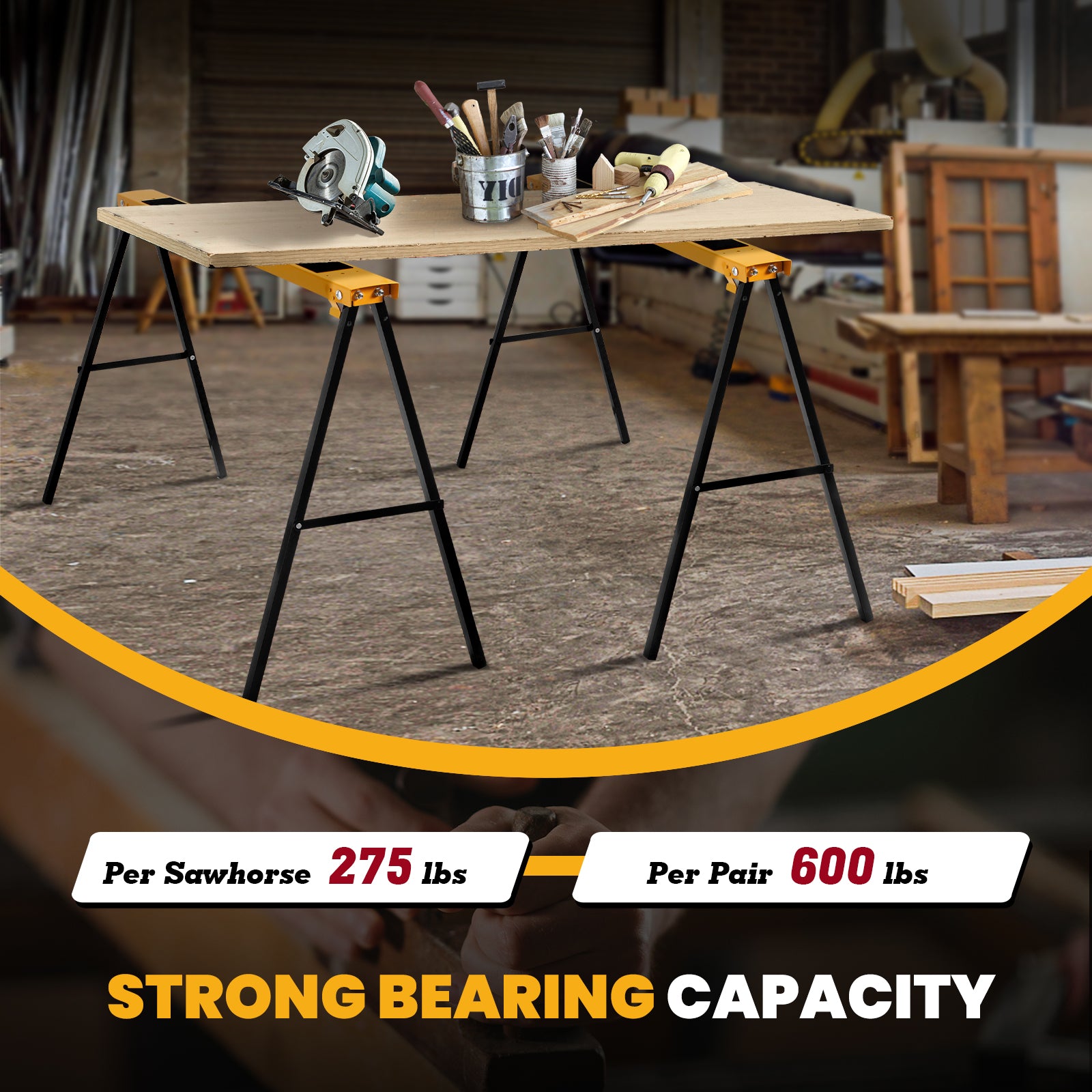 2 Pack Heavy Duty Sawhorse with Steel Folding Legs, Yellow Garages at Gallery Canada