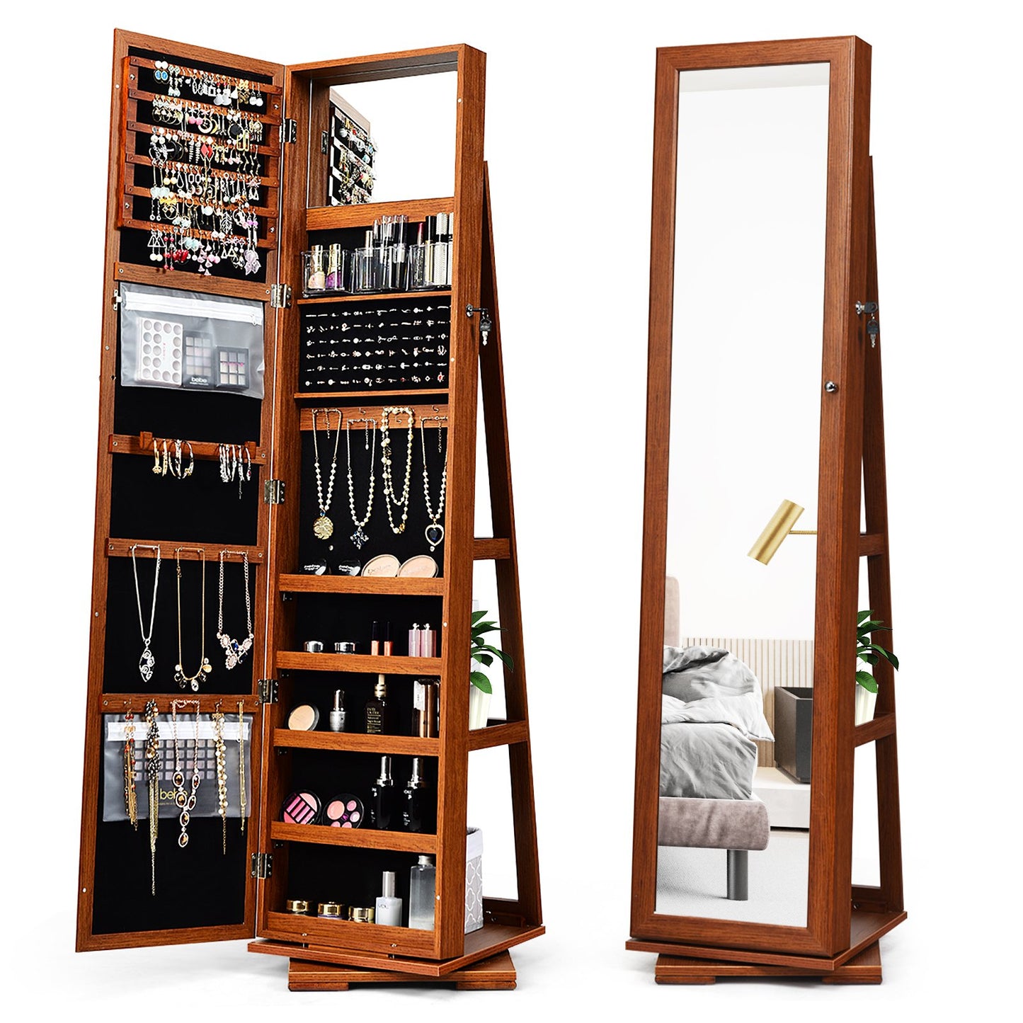360° Rotatable Armoire 2-in-1 Lockable Mirrored Jewelry Cabinet, Brown - Gallery Canada