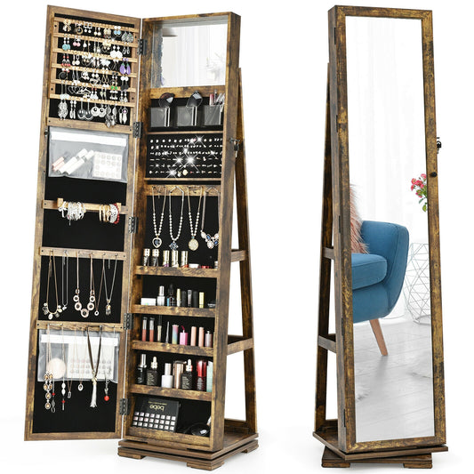 360° Rotatable Armoire, 2-in-1 Lockable Mirrored Jewelry Cabinet, Rustic Brown Jewelry Armoires Rustic Brown at Gallery Canada