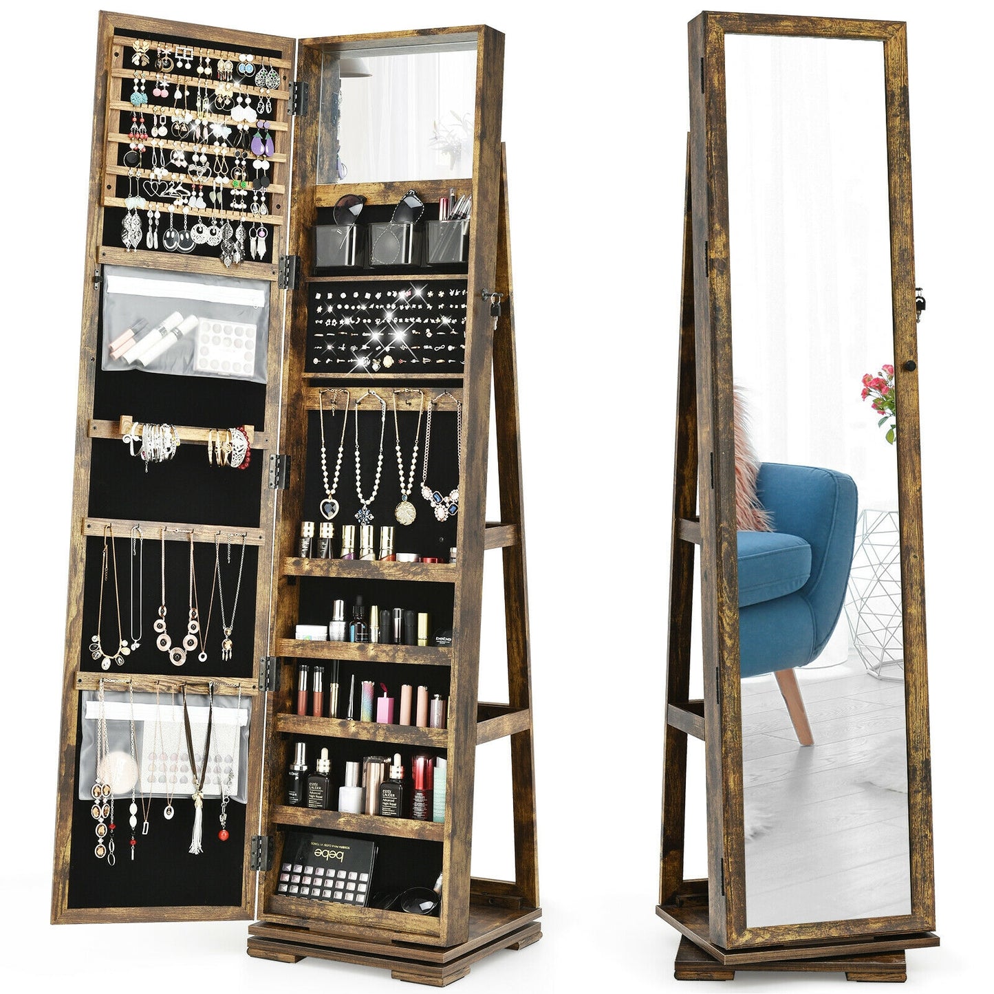 360° Rotatable Armoire, 2-in-1 Lockable Mirrored Jewelry Cabinet, Rustic Brown Jewelry Armoires at Gallery Canada