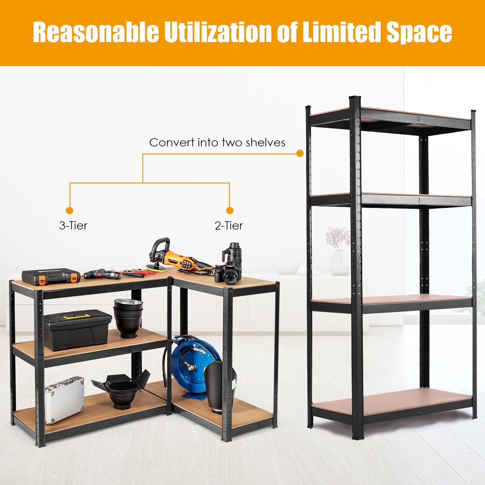 Adjustable Heavy Duty 4 Level Garage Tool Shelf Storage, Black - Gallery Canada