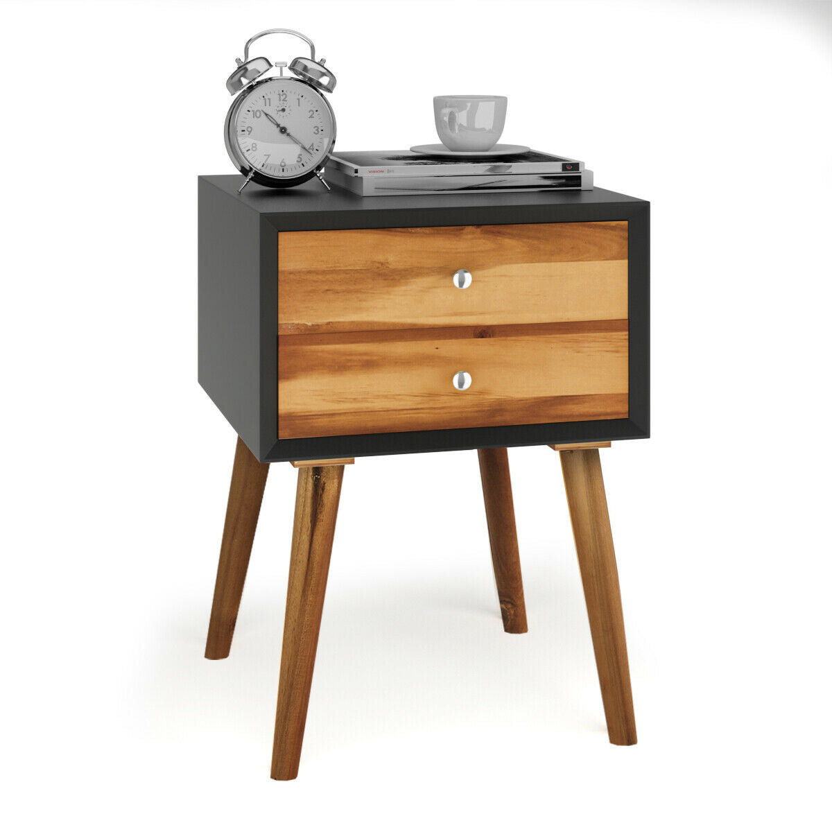 Mid-Century Wooden Multipurpose End Table with 2 Storage Drawers, Black Nightstands at Gallery Canada