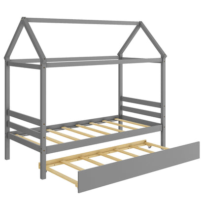 Kids Platform Bed Frame with Roof for Bedroom, Gray Trundle Bed Frame Gray at Gallery Canada
