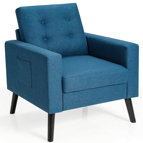 Mid-Century Upholstered Armchair Club Chair with Rubber Wood Legs, Blue