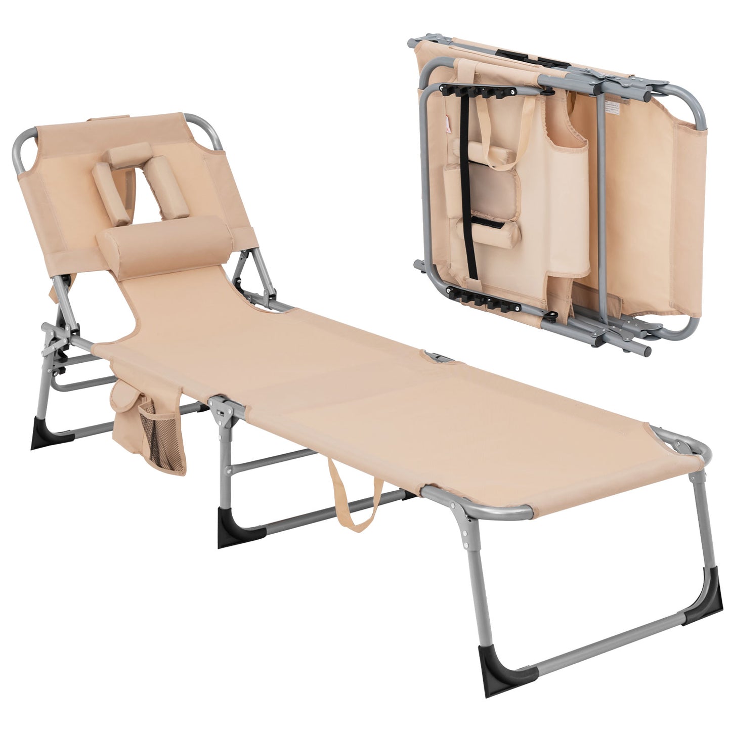 Folding Beach Lounge Chair with Pillow for Outdoor, Beige Outdoor Chaise Lounges at Gallery Canada