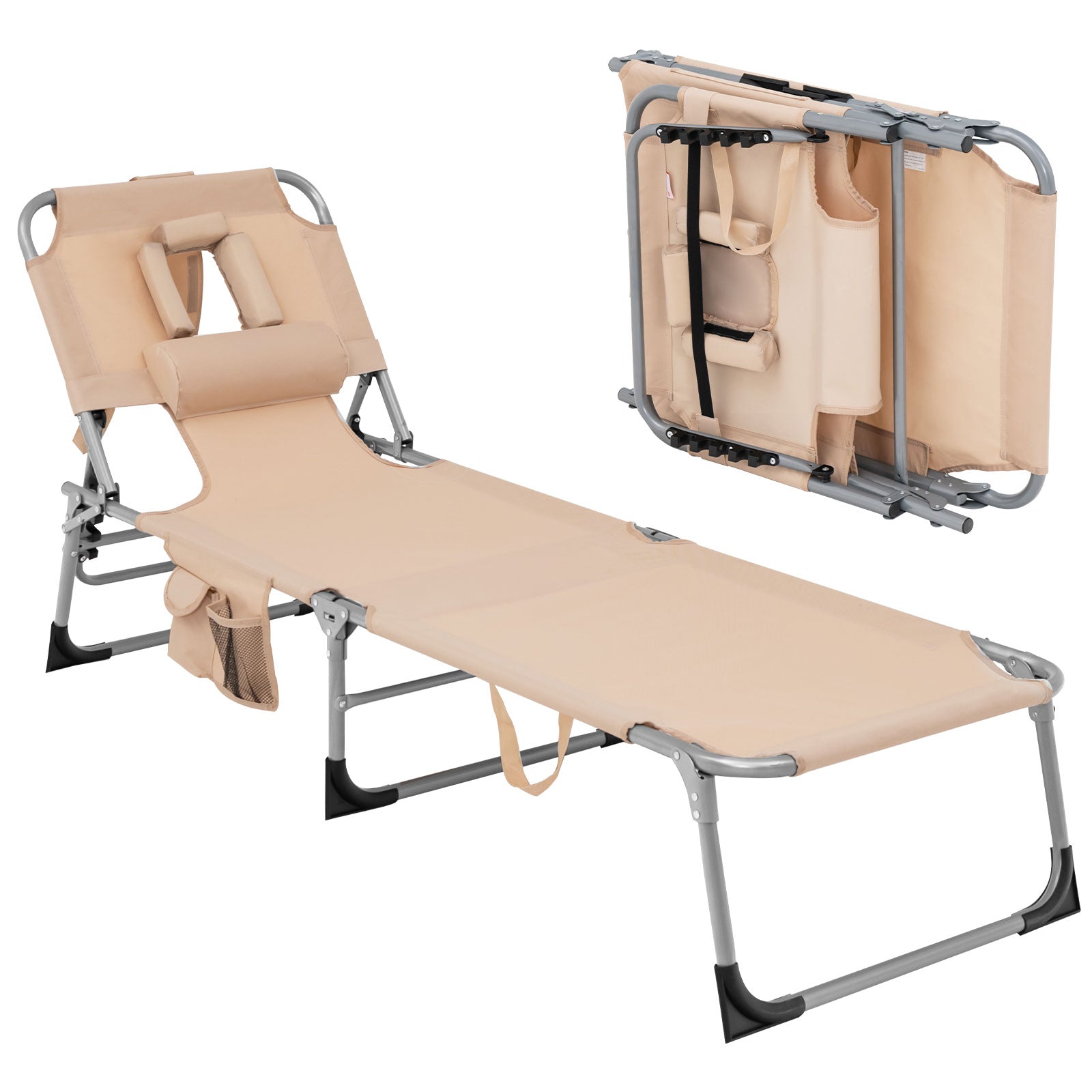 Folding Beach Lounge Chair with Pillow for Outdoor, Beige Outdoor Chaise Lounges at Gallery Canada