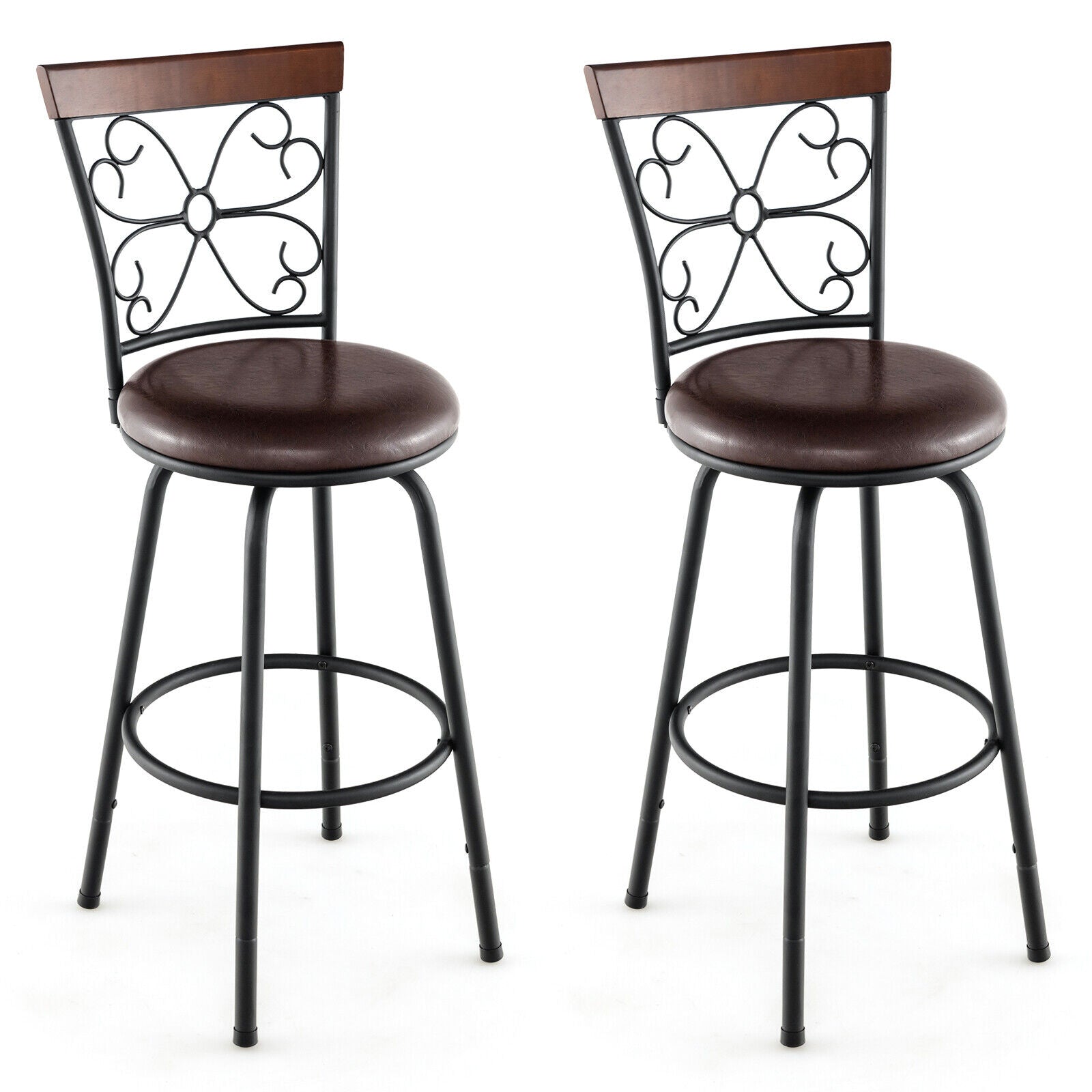 2 Pieces 24-30 Inch Adjustable PU Cushioned Swivel Barstools, Brown Bar Stools Brown at Gallery Canada