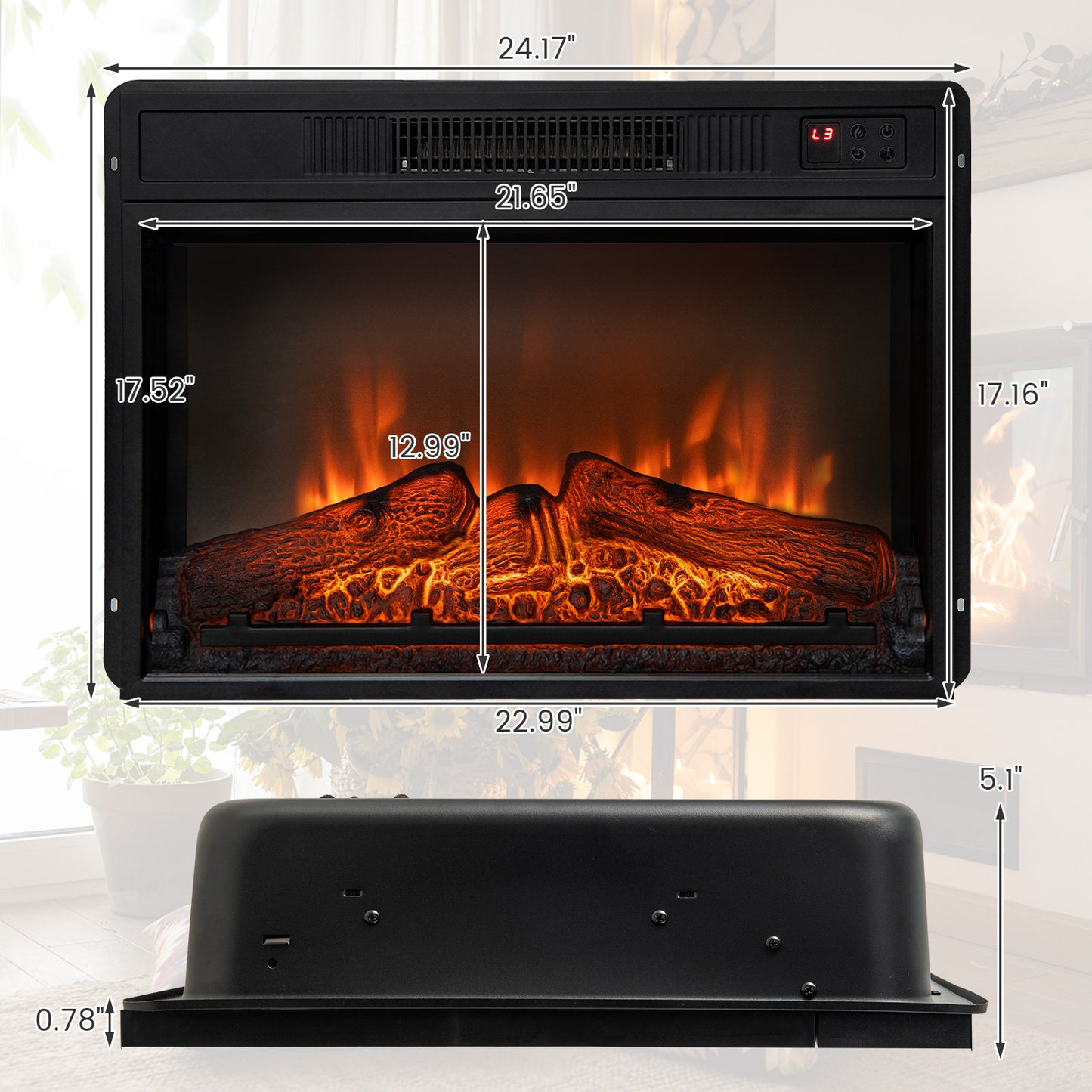 18/23 Inch Electric Fireplace Insert, Adjustable LED Flame, 23 Inches, Black Fireplaces at Gallery Canada