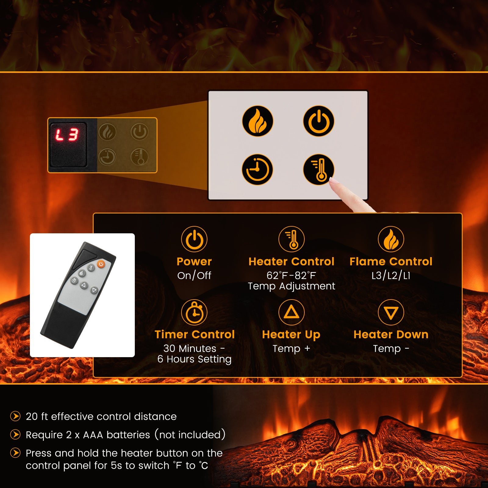 18/23 Inch Electric Fireplace Insert, Adjustable LED Flame, 23 Inches, Black Fireplaces at Gallery Canada