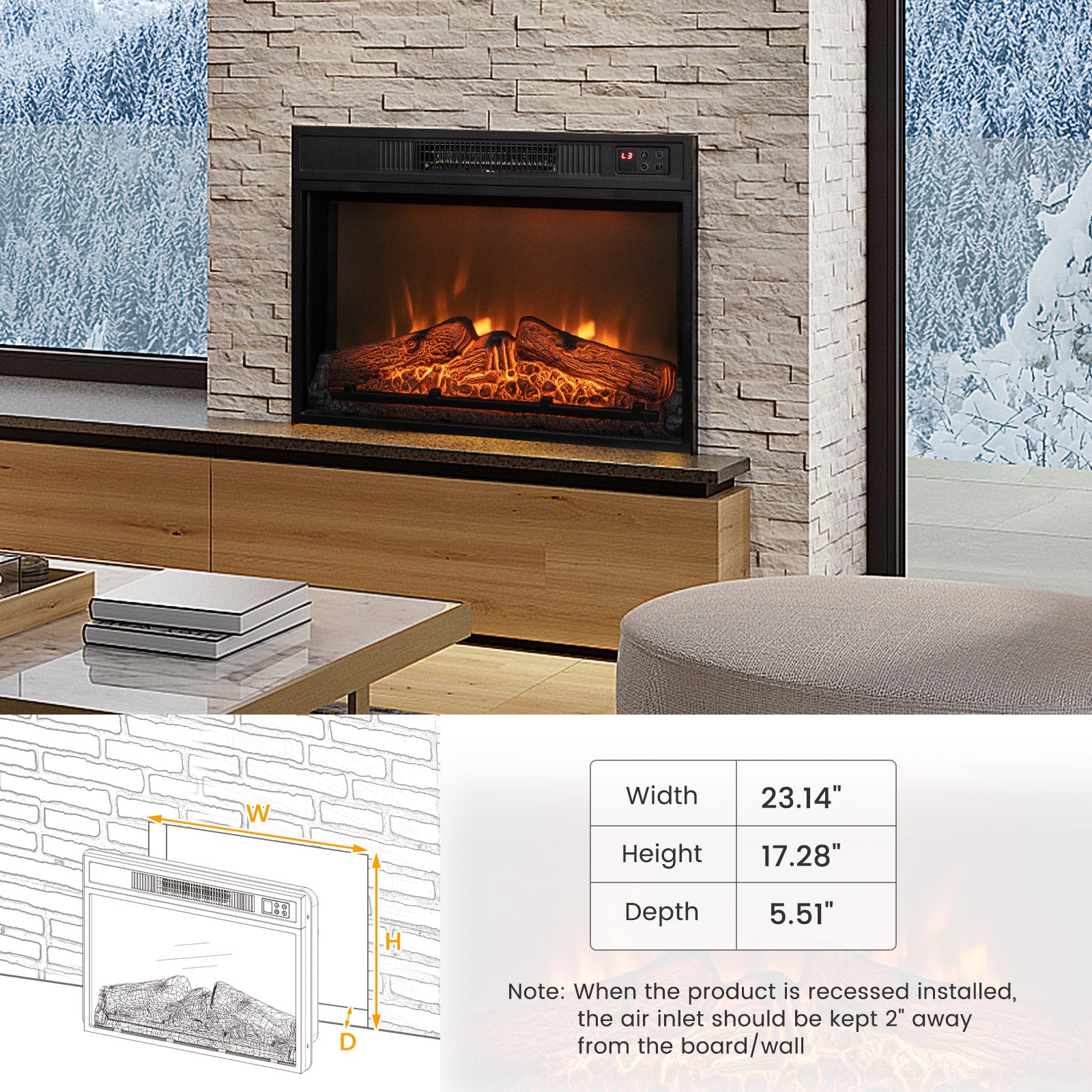 18/23 Inch Electric Fireplace Insert, Adjustable LED Flame, 23 Inches, Black Fireplaces at Gallery Canada