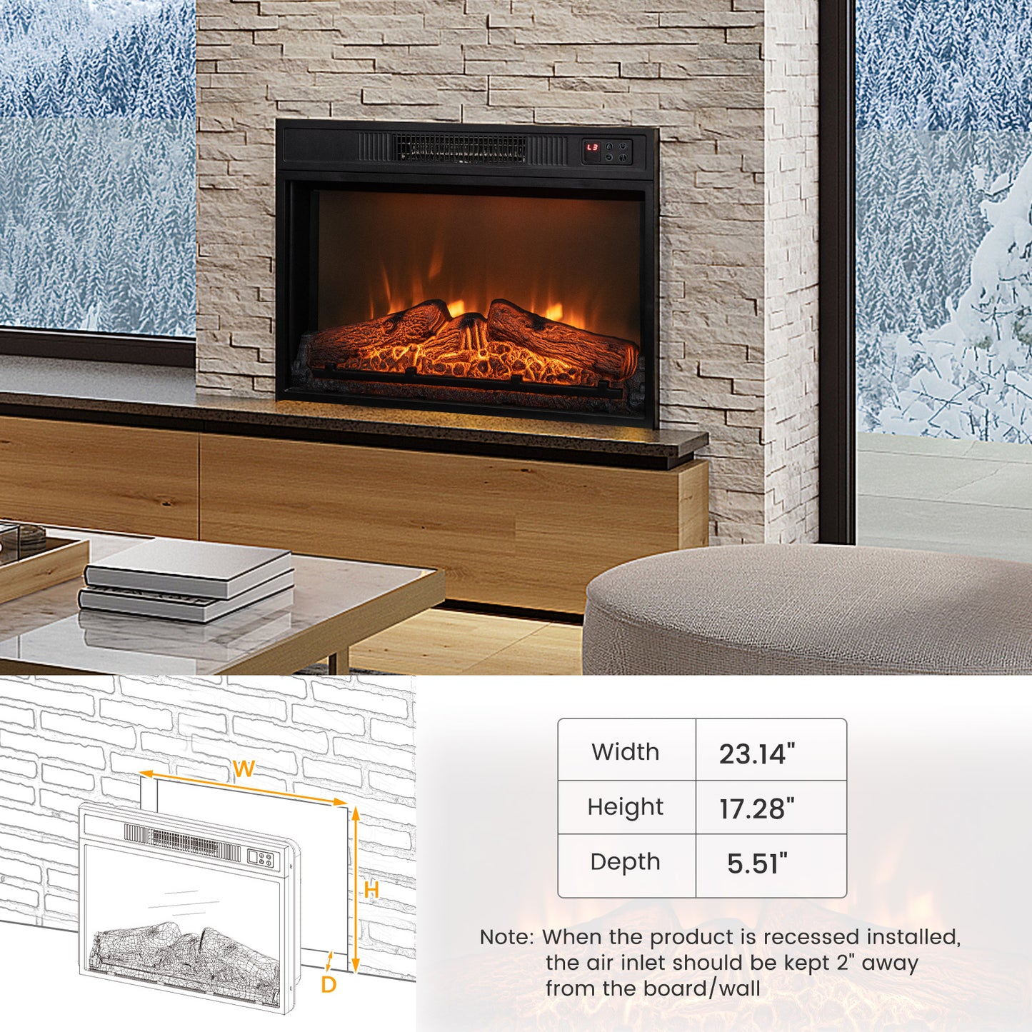 18/23 Inch Electric Fireplace Insert, Adjustable LED Flame, 23 Inches, Black Fireplaces at Gallery Canada
