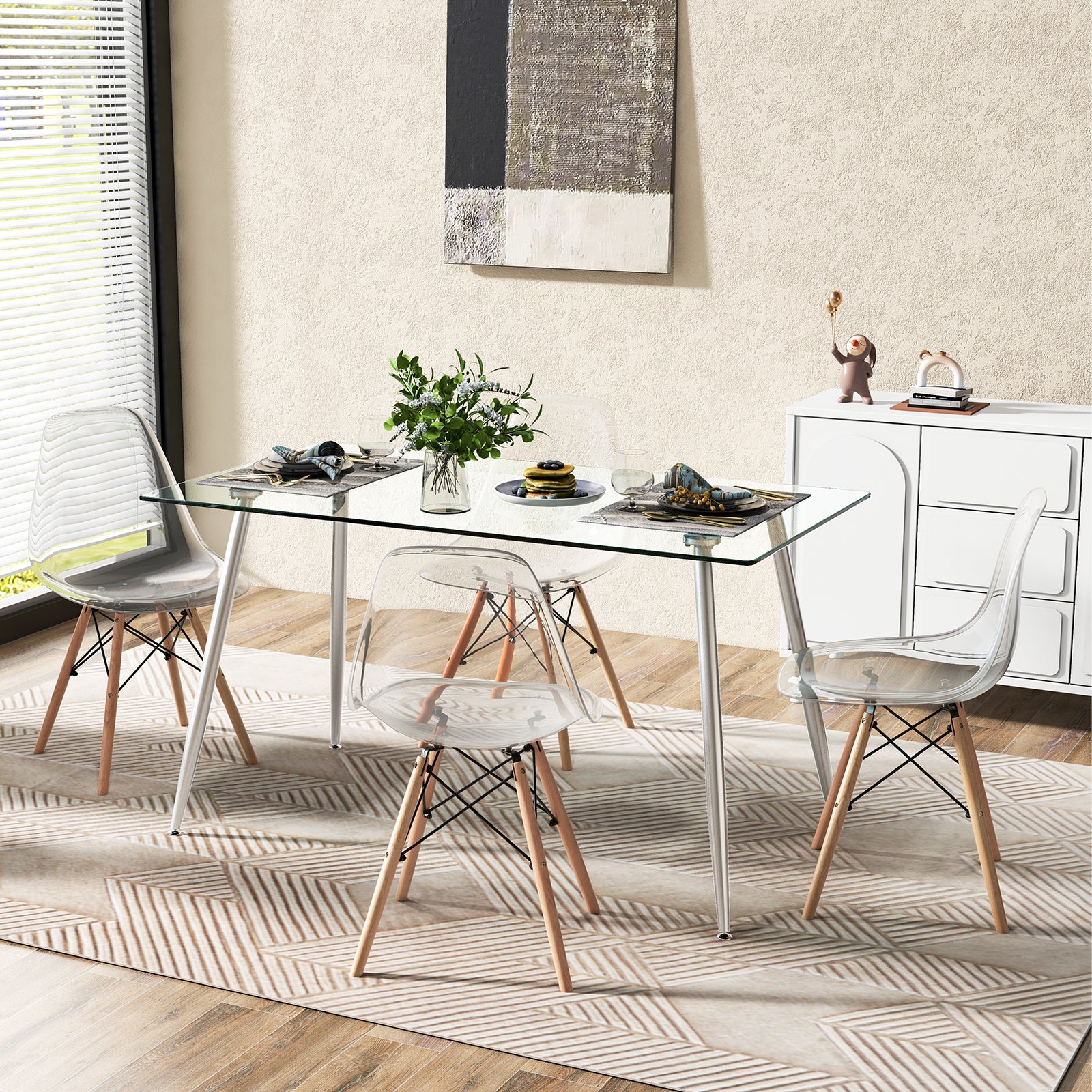 Modern Glass Rectangular Dining Table with Metal Legs, Silver Dining Tables at Gallery Canada