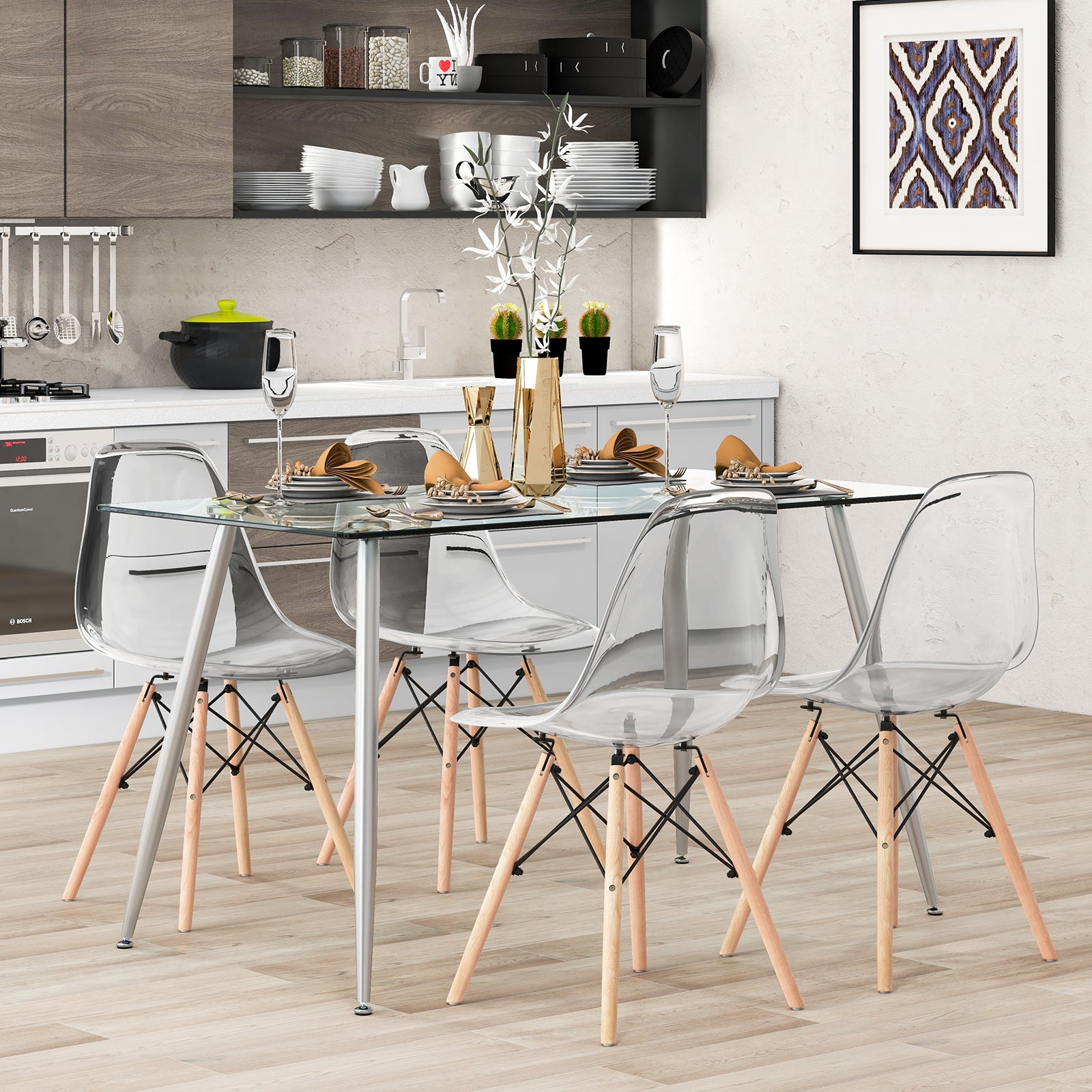 Modern Glass Rectangular Dining Table with Metal Legs, Silver Dining Tables at Gallery Canada