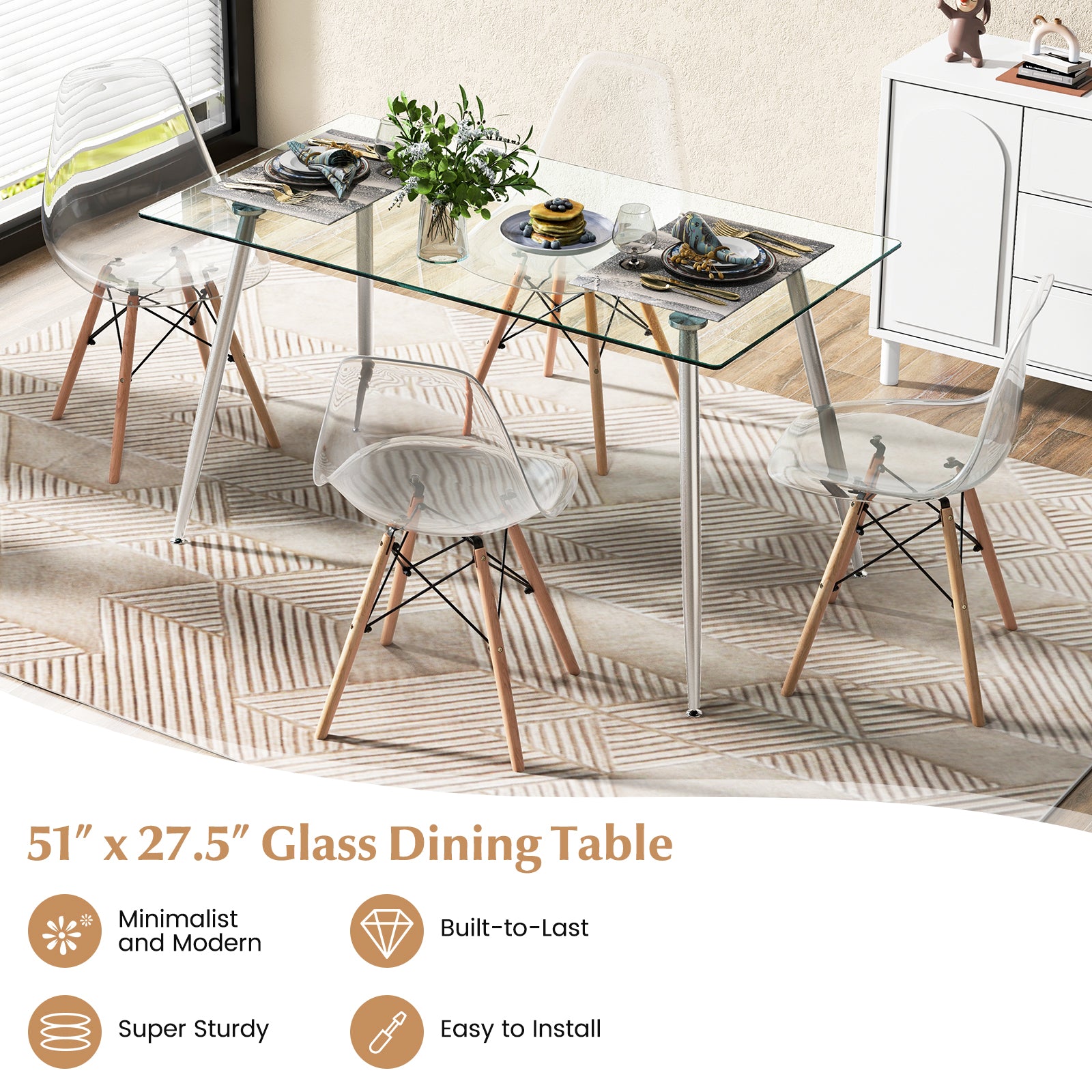 Modern Glass Rectangular Dining Table with Metal Legs, Silver Dining Tables at Gallery Canada
