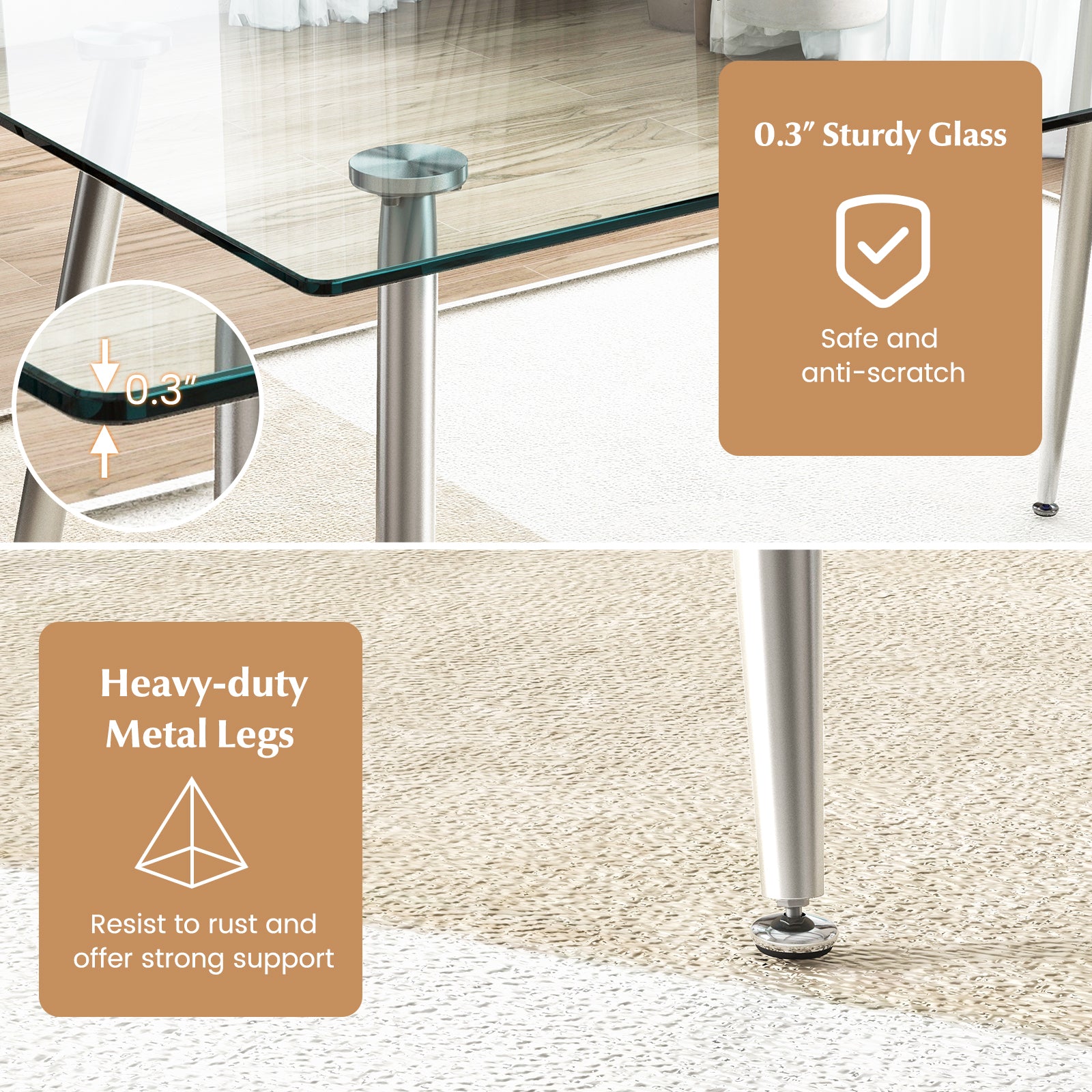 Modern Glass Rectangular Dining Table with Metal Legs, Silver Dining Tables at Gallery Canada