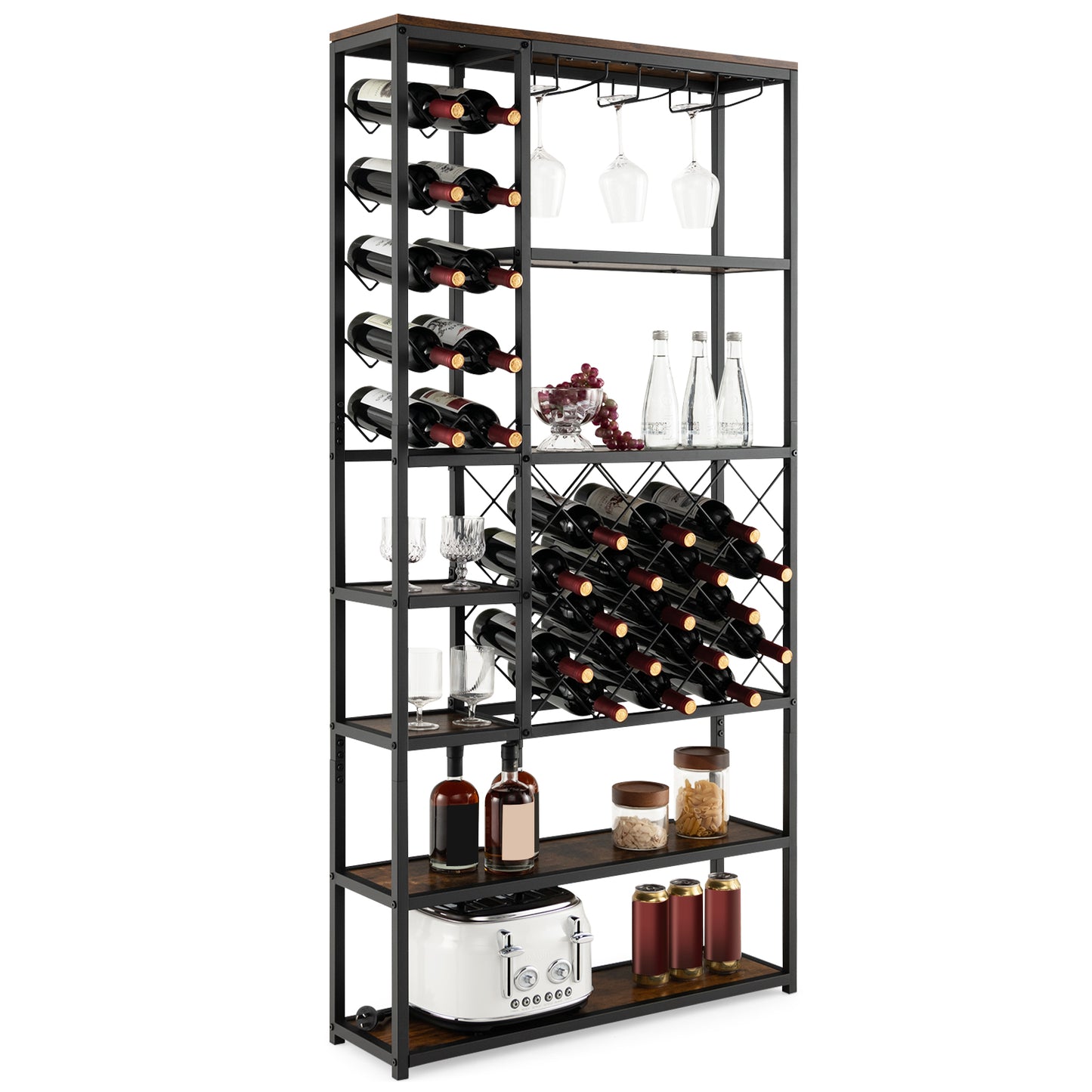 Industrial Floor Wine Rack with 3 Rows of Stemware Racks, Rustic Brown Wine Racks Rustic Brown at Gallery Canada