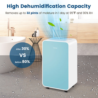 32 Pints/Day Portable Quiet Dehumidifier, For Rooms Up To 2500 Sq. Ft, Blue Dehumidifiers at Gallery Canada