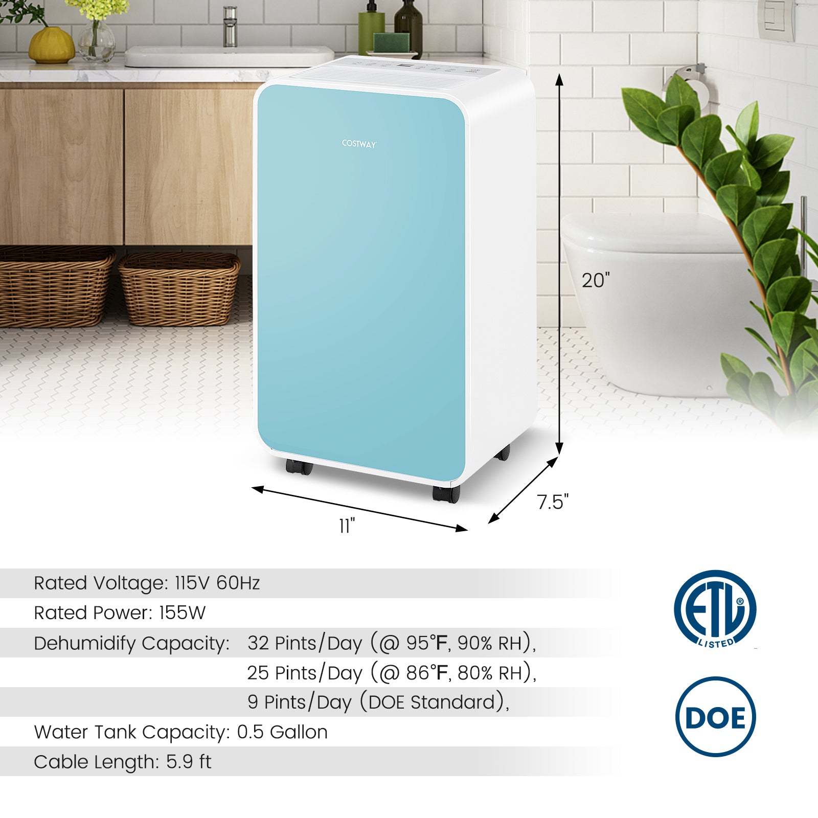 32 Pints/Day Portable Quiet Dehumidifier, For Rooms Up To 2500 Sq. Ft, Blue Dehumidifiers at Gallery Canada