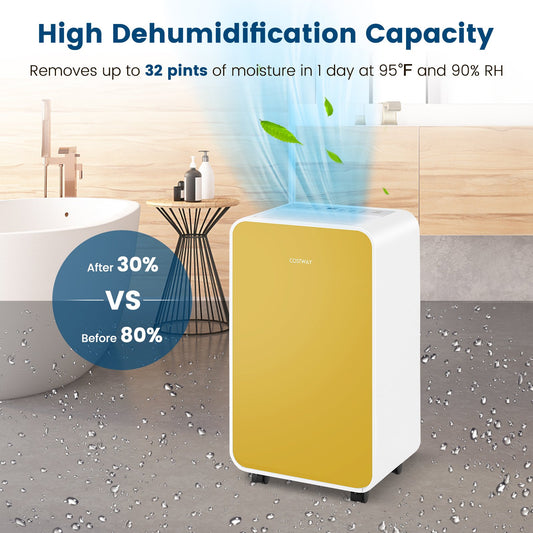 32 Pints/Day Portable Quiet Dehumidifier for Rooms up to 2500 Sq. Ft, Yellow - Gallery Canada