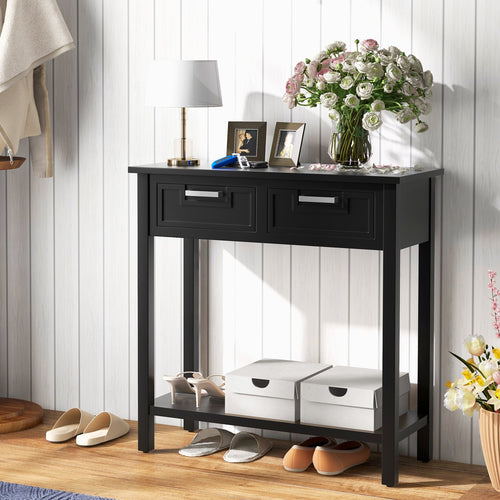 Narrow Console Table with Drawers and Open Storage Shelf, Black