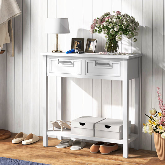 Narrow Console Table with Drawers and Open Storage Shelf, White Console Tables White at Gallery Canada
