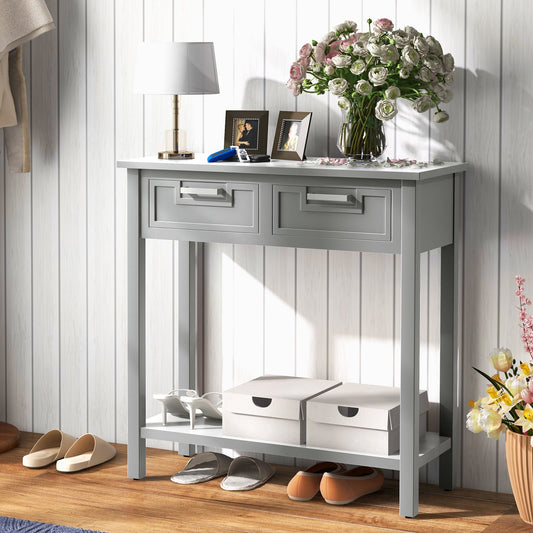Narrow Console Table with Drawers and Open Storage Shelf, Gray - Gallery Canada